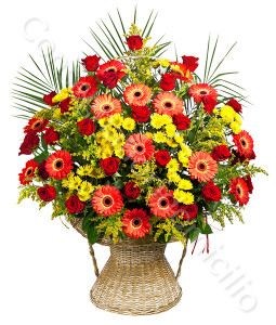 consegna-fiori-a-domicilio-cesto-di-gerbere-rosse-rose-rosse-margherite-gialle